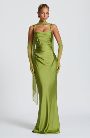 Square Neck Satin Maxi Dress Tie-Back – Calanthe - Bellux