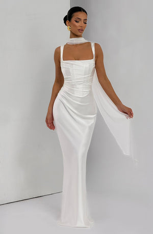 Square Neck Satin Maxi Dress Tie-Back – Calanthe - Hadassha