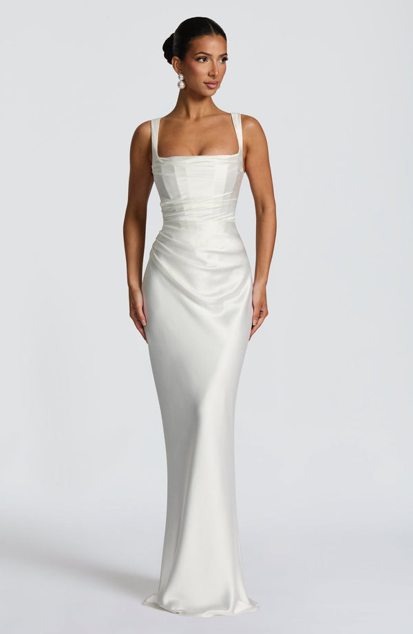 Square Neck Satin Maxi Dress Tie-Back – Calanthe - Hadassha