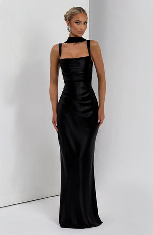 Square Neck Satin Maxi Dress Tie-Back – Calanthe - Hadassha