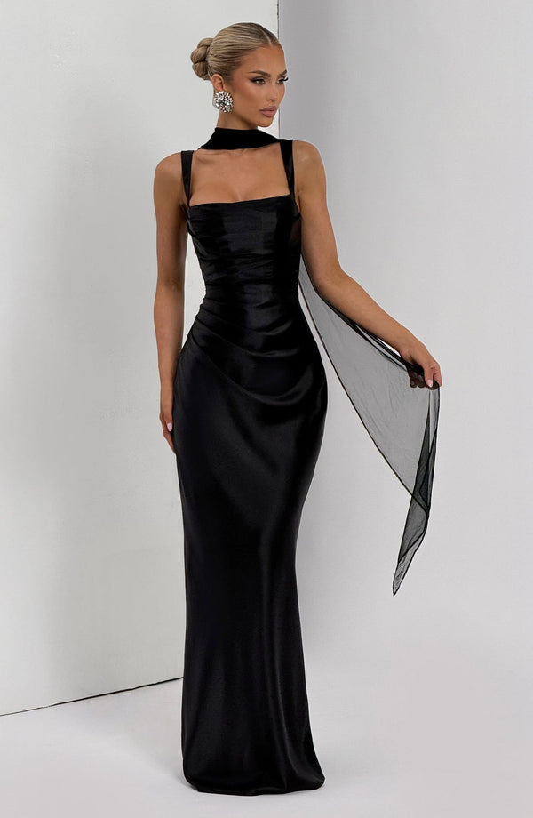 Square Neck Satin Maxi Dress Tie-Back – Calanthe - Hadassha