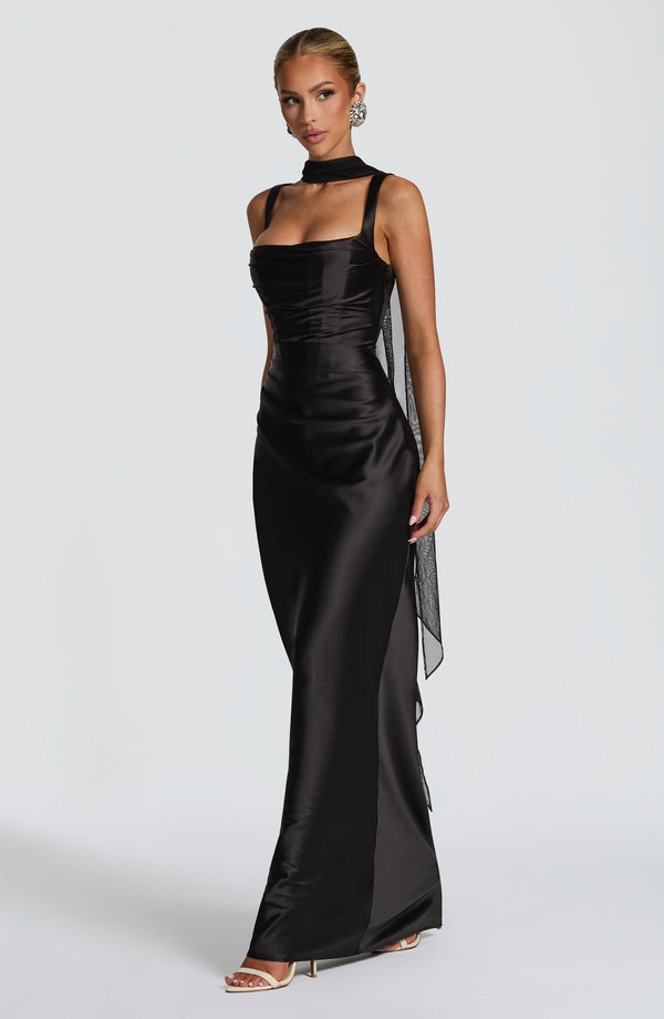 Square Neck Satin Maxi Dress Tie-Back – Calanthe - Hadassha