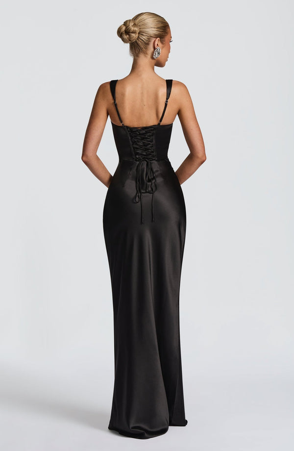 Square Neck Satin Maxi Dress Tie-Back – Calanthe - Hadassha
