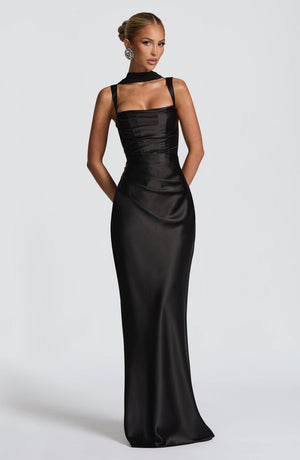 Square Neck Satin Maxi Dress Tie-Back – Calanthe - Hadassha