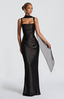 Square Neck Satin Maxi Dress Tie-Back – Calanthe - Hadassha