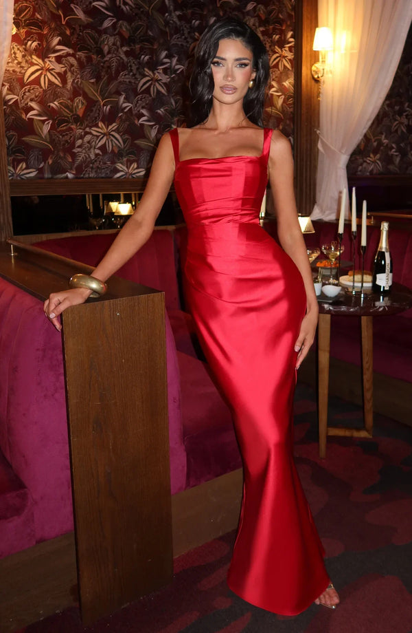 Square Neck Satin Maxi Dress Tie-Back – Calanthe