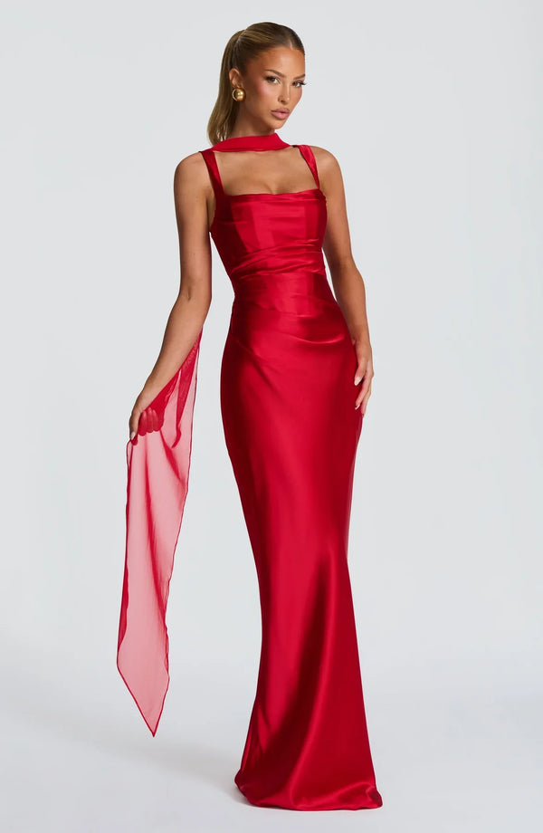 Square Neck Satin Maxi Dress Tie-Back – Calanthe