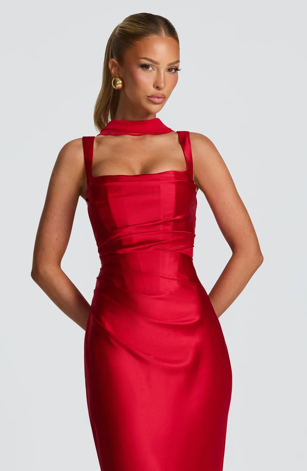 Square Neck Satin Maxi Dress Tie-Back – Calanthe