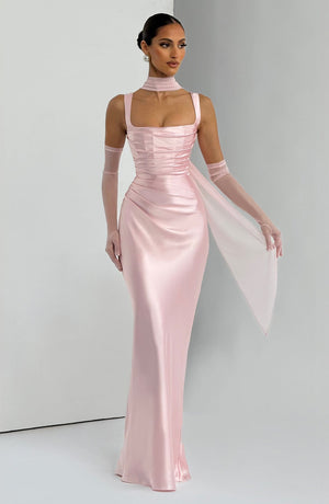 Square Neck Satin Maxi Dress Tie-Back – Calanthe - Hadassha