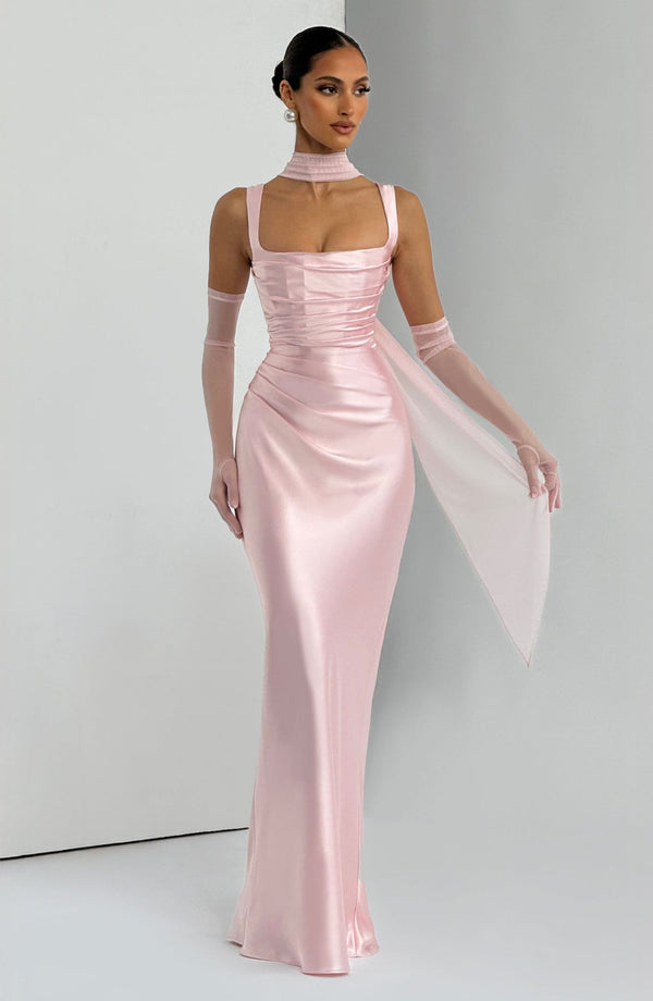 Square Neck Satin Maxi Dress Tie-Back – Calanthe - Hadassha