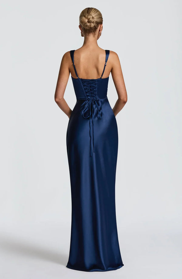 Square Neck Satin Maxi Dress Tie-Back – Calanthe