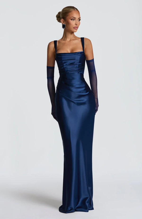 Square Neck Satin Maxi Dress Tie-Back – Calanthe
