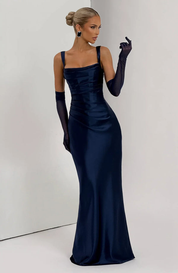 Square Neck Satin Maxi Dress Tie-Back – Calanthe