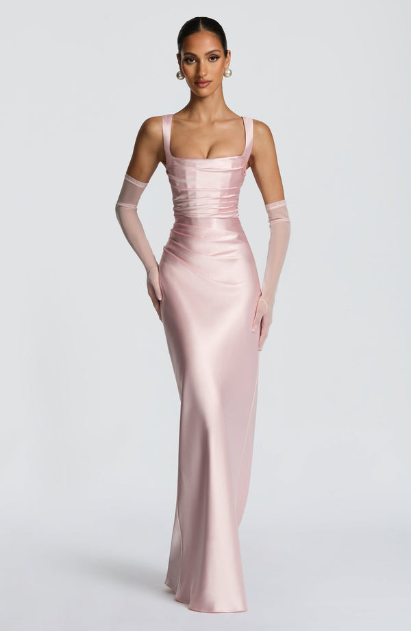 Square Neck Satin Maxi Dress Tie-Back – Calanthe - Hadassha