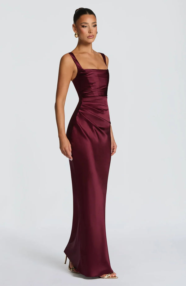 Square Neck Satin Maxi Dress Tie-Back – Calanthe