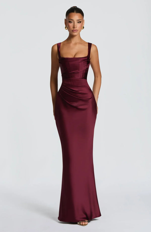 Square Neck Satin Maxi Dress Tie-Back – Calanthe