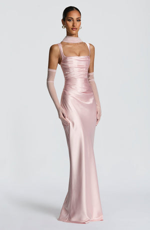 Square Neck Satin Maxi Dress Tie-Back – Calanthe - Hadassha