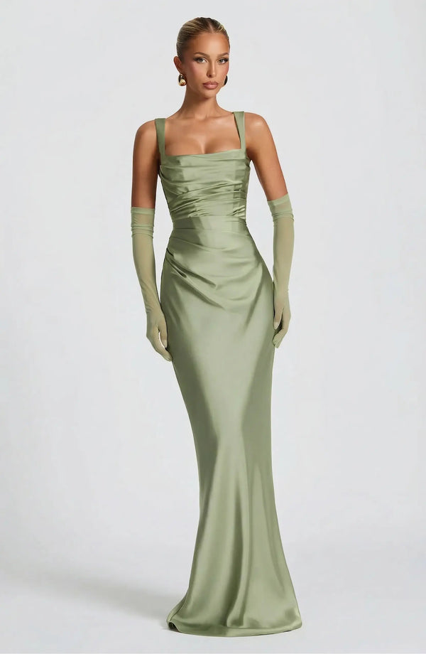 Square Neck Satin Maxi Dress Tie-Back – Calanthe