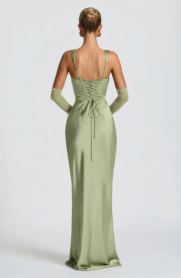 Square Neck Satin Maxi Dress Tie-Back – Calanthe