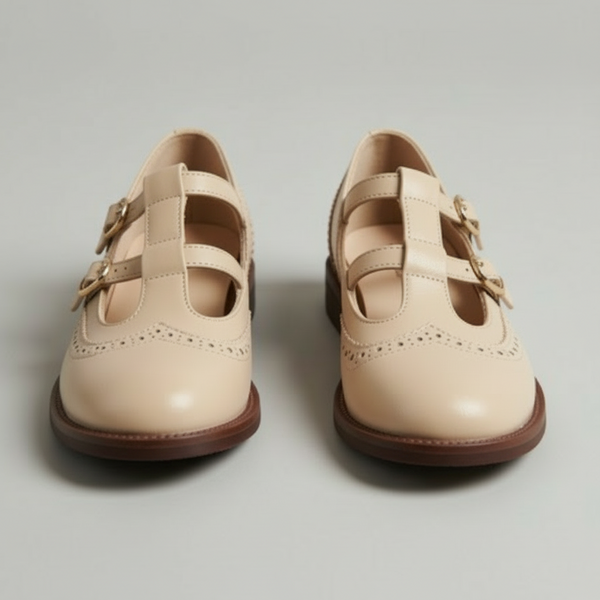 T-Bar Mary Jane Flats Cushioned Insole – Marjorie - Beige - Hadassha