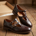 T-Bar Mary Jane Flats Cushioned Insole – Marjorie - Brown - Hadassha