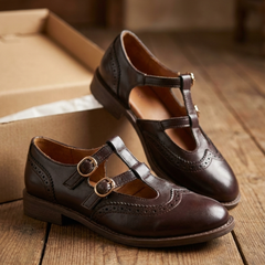 T-Bar Mary Jane Flats Cushioned Insole – Marjorie - Brown - Hadassha